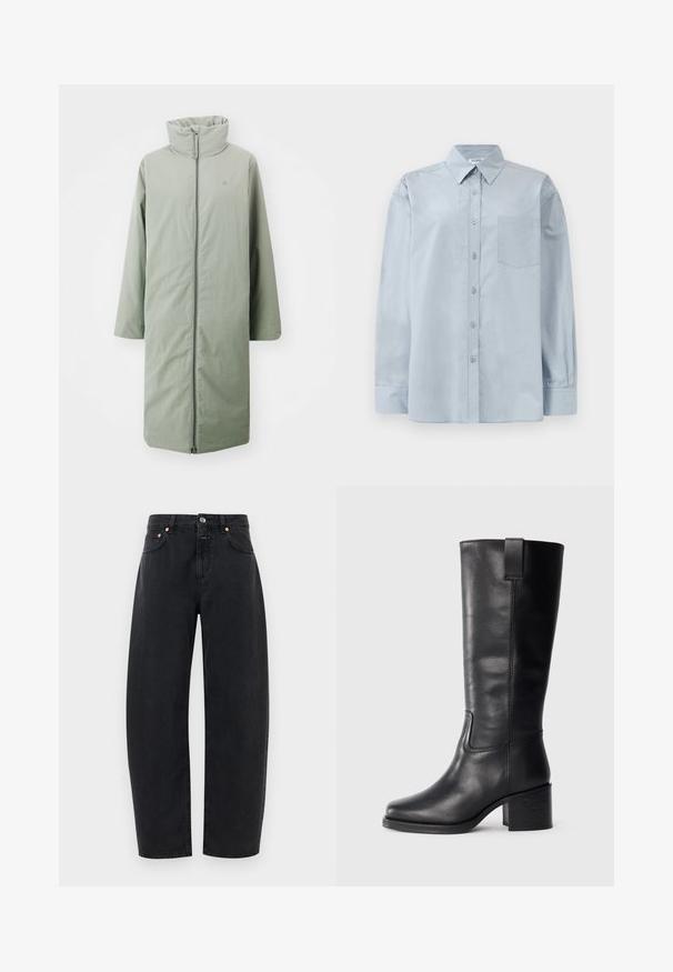 Holzweiler REN JACKET - Down coat - light army; Light blue long-sleeve button-up shirt with pointed collar and chest pocket, laid flat on a white background.; Black denim jeans with a straight-leg design, five pockets, and copper accents. The fabric has a smooth texture and classic stitching.; Black leather knee-high boots with a smooth texture, square toe, block heel, and side pull tab, featuring minimal stitching details.