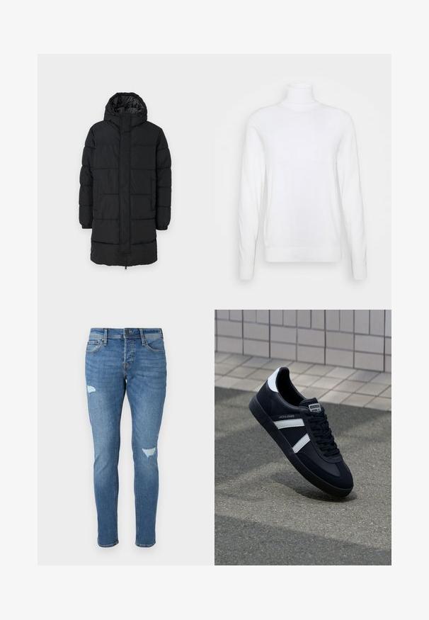 Jack & Jones EBRADLEY LONG - Talvemantel - black; Valge kõrge kaelusega kampsun pikkade varrukatega, valmistatud siledast kangast. Omab sobivat lõiget ning üldiselt ribaroheline varrukate ja küljepidi. Ei sisalda mustreid ega aktsente.; Plekkidega helesinised teksapüksid, slim fit lõikega, millel on kulunud kohad põlvedes, nööbikinni ja viie-tasku disain.; Must have musta sneaker musta valgete triipudega, tekstuurne kummitald ja nööridega esiosa. Omab bränditud märki keele peal.
