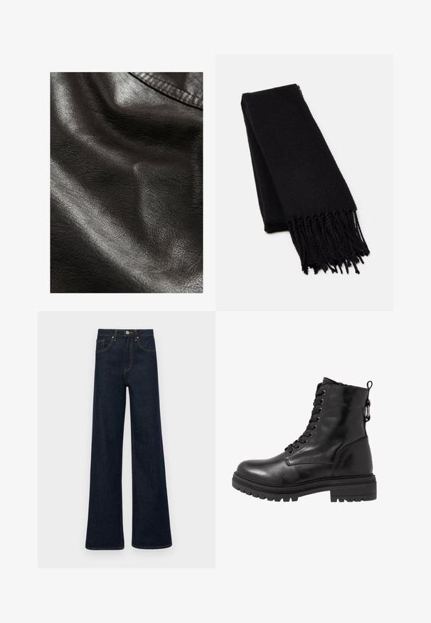 Zwart faux leer met een gestructureerd oppervlak, voorzien van subtiele plooien en een gladde glans, wat duidt op flexibiliteit en zachtheid.; Zwarte coltrui gemaakt van zachte bre knit stof. Kenmerken zijn lange mouwen en een getailleerd ontwerp met een rechte zoom.; Donkerblauwe wijde denim jeans met voorzakken, riemlussen en een knoopsluiting.; Zwarte leren enkelboot met ronde neus, vetersluiting aan de voorkant en een getextureerde rubberen zool. Hij heeft een lus aan de achterkant en versterkte stiksels.; Zwarte sjaal van een zacht, textuurstof. Heeft een rafelige rand en een rechthoekige vorm, geschikt om om de nek te draperen.