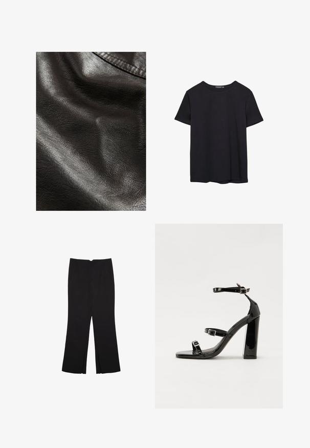 Sort kunstlæder med en struktureret overflade, der har subtile folder og en glat glans, hvilket indikerer fleksibilitet og blødhed.; Simpel sort kortærmet bomulds T-shirt med rund hals, præsenteret på en hvid baggrund.; Sorte bukser med lige pasform, der har frontlommer og slidser i kanten. Lavet af blødt, glat stof. Velegnet til forskellige anledninger.; Sorte patenterede hælsandaler med firkantet tå, ankelremme og sølvspænder. Har en chunky blokHæl for stabilitet.
