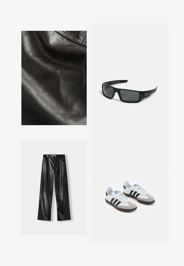 Zwart faux leer met een gestructureerd oppervlak, voorzien van subtiele plooien en een gladde glans, wat duidt op flexibiliteit en zachtheid.; Twee longsleeve tops: één zwart en één wit. Beide hebben een ronde halslijn en een gladde, ribbelige textuur. Merklabelf zichtbaar binnenin de halslijn.; Zwarte leren wijde broek met een glanzende textuur, voorzien van twee voorzakken, een knoopsluiting en zichtbare naden.; Sportschoenen met een witte leren bovenkant, grijze suède neus en drie zwarte strepen. Bevat een blauw logo op de tong en een gestructureerde rubberen zool.; Zwarte zonnebril met een rechthoekig frame, donkergrijze glazen en een gladde plastic afwerking. Opvallend logoaccent aan de zijkant.; Zwarte nylon schoudertas met een gebogen vorm, zilveren kettingaccent, afneembaar mini-zakje en verstelbare schouderband; voorzien van het "Steve Madden" logo.