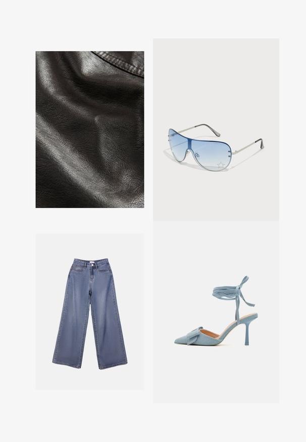Cuero sintético negro con una superficie texturizada, que presenta sutiles arrugas y un brillo suave, lo que indica flexibilidad y suavidad.; Top blanco sin mangas con escote redondo. Hecho de una tela suave, presenta un corte relajado y un diseño minimalista. Sin patrones ni acentos.; Jeans de mezclilla de pierna ancha en un lavado azul claro, con una cintura alta, bolsillos frontales y un cierre de botón con trabillas para el cinturón.; Zapato de tacón alto de punta afilada en tela azul claro con un acabado texturizado, que presenta un lazo decorativo y una correa en el tobillo para un ajuste seguro.; Gafas de sol tipo aviador con lentes azul degradado, montura de metal plateado y acentos decorativos de estrellas en los lentes. Diseño suave y elegante.