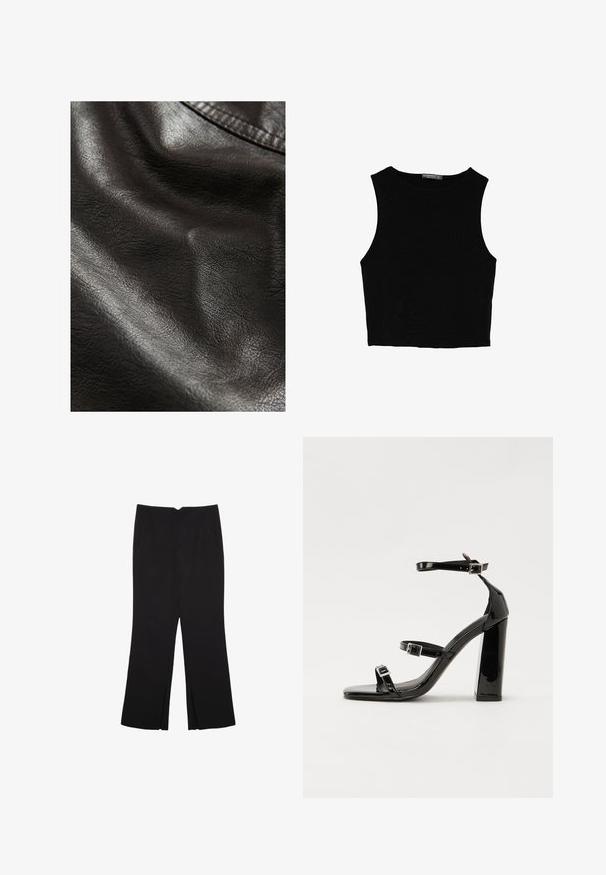 Zwart faux leer met een gestructureerd oppervlak, voorzien van subtiele plooien en een gladde glans, wat duidt op flexibiliteit en zachtheid.; Zwarte mouwloze crop top van soepel materiaal, met een ronde hals en een schone, eenvoudige uitstraling zonder patronen of hardware.; Zwarte broek met een rechte pasvorm, voorzien van zijzakken en plooien aan de onderzijde. Gemaakt van zachte, gladde stof. Geschikt voor verschillende gelegenheden.; Zwarte gepatenteerde sandalen met hak en een vierkante neus, enkelbandjes en zilveren gespen. Heeft een stevige blokhak voor stabiliteit.