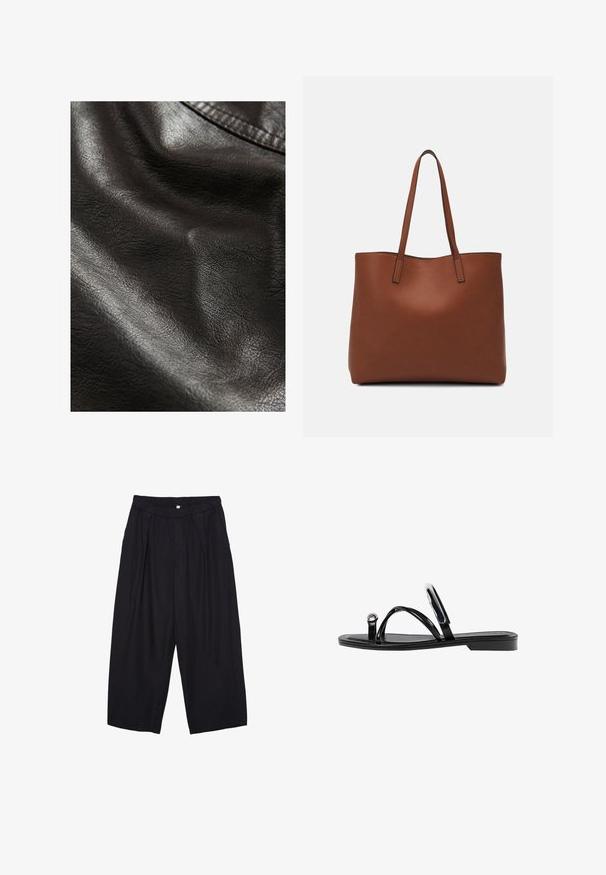 Schwarzes Kunstleder mit einer strukturierten Oberfläche, das subtile Falten und einen glatten Glanz aufweist, was auf Flexibilität und Weichheit hinweist.; Schwarzes ärmelloses Crop-Top aus glattem Stoff, mit rundem Ausschnitt und einem klaren, schlichten Design ohne Muster oder Beschläge.; Schwarze Polyester-Culotte mit einem elastischen Bund, zwei vorderen Falten und einer lockeren Silhouette. Keine sichtbaren Muster oder Hardware-Details.; Schwarze flache Sandalen mit glänzender Oberfläche, drei dünnen Riemen und einem runden Hardware-Detail an den Zehen. Elegantes Design mit einem minimalen Absatz.; Braune Leder-Tote mit glatter Textur, offenem Oberteil und zwei Schulterriemen. Verfügt über minimale Nähte und keine sichtbaren Beschläge.