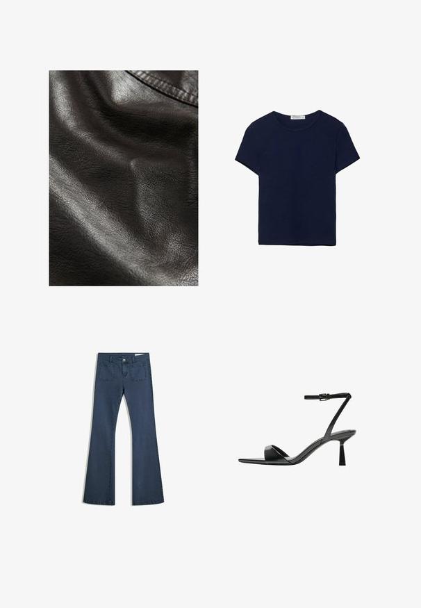Čierna umelá koža s textúrovaným povrchom, obsahujúca jemné ryhy a hladký lesk, naznačujúca flexibilitu a mäkkosť.; Tmavomodré bavlnené tričko s krátkym rukávom a okrúhlym výstrihom, s hladkým povrchom a rovnými okrajmi bez vzorov alebo akcentov.; Tmavomodré zvonové džínsy s prešitými vreckami, zapínaním na gombík a hladkou textúrou. Obsahujú klasický dizajn s piatimi vreckami.; Bershka Sandále na vysokom opätku - black