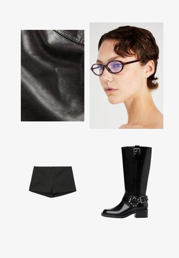 Finta pelle nera con una superficie strutturata, caratterizzata da pieghe sottili e una lucentezza liscia, che indicano flessibilità e morbidezza.; Top corto a righe bianco e nero, texture a coste, maniche corte con bordi ondulati, scollatura rotonda, vestibilità morbida.; Pantaloni neri realizzati in tessuto texturizzato, con un alto punto vita e un design aderente con cuciture frontali. Senza tasche o chiusure visibili.; Stivale in pelle nera fino al ginocchio con punta arrotondata, tacco spesso, cinturino regolabile con accessori in metallo e finitura lucida.; Occhiali da vista marroni con montatura ovale e lenti trasparenti viola; design elegante e superficie liscia. Indossati da una persona con capelli corti e mossi.; Borsa a mano in pelle nera con due manici allungati, chiusura con zip e forma rotonda; texture liscia con finitura leggermente lucida.