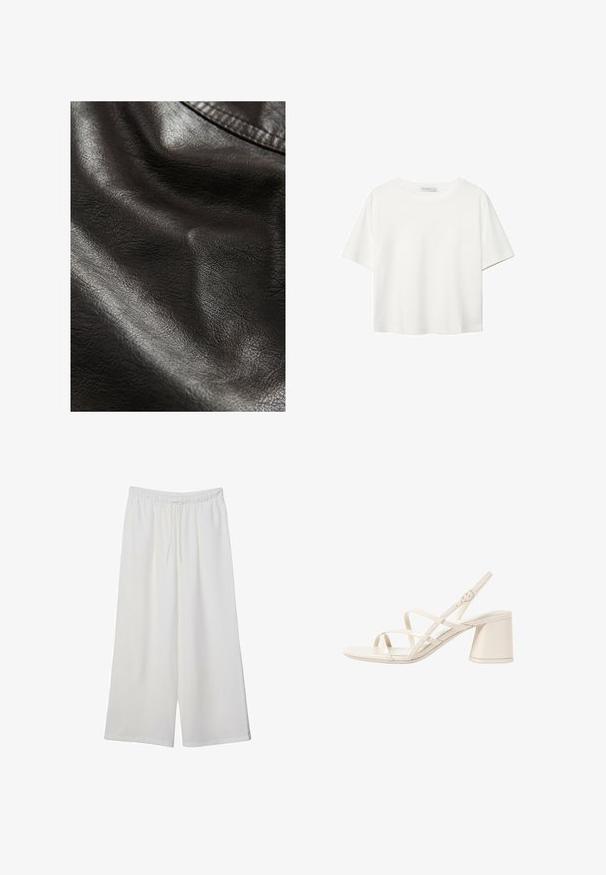 Černá umělá kůže s texturovaným povrchem, s jemnými záhyby a hladkým leskem, což naznačuje pružnost a jemnost.; Bílý krátký rukáv tričko vyrobené z bavlny. Má kulatý výstřih a volný střih. Hladký materiál bez viditelných vzorů nebo akcentů.; Bílé kalhoty s širokými nohavicemi vyrobené z lehké tkaniny, s elastickým pasem a stahovací šňůrkou pro nastavitelnou velikost. Hladká textura.; Béžové sandály na podpatku s tenkými překříženými pásky, otevřenou špičkou a čtvercovým blokovým podpatkem. Hladký lakovaný povrch, nastavitelný pásek kolem kotníku.