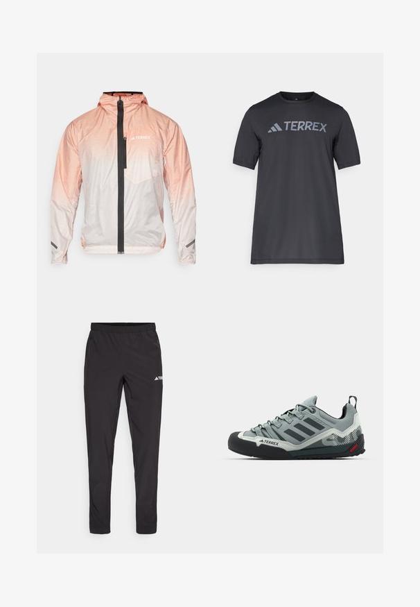 Lagani pink gradijent jakna s crnim prednjim zatvaračem, podesivom kapom i džepom na prsima. Sadrži teksturirani materijal i naglasak s logotipom.; Crna majica kratkih rukava od lagane tkanine, koja ima svijetlosivu oznaku "TERREX" preko prsa i okrugli izrez.; Crne atletske hlače s elastičnom trakom u struku, dva bočna džepa s patentnim zatvaračem i logotipom na gornjem desnom dijelu nogavice. Glatka, lagana tkanina.; Sive čizme za penjanje s teksturiranim gornjim dijelom, crnim gumenim vrhom, tri tamne pruge i malim crvenim detaljem na potplatu.