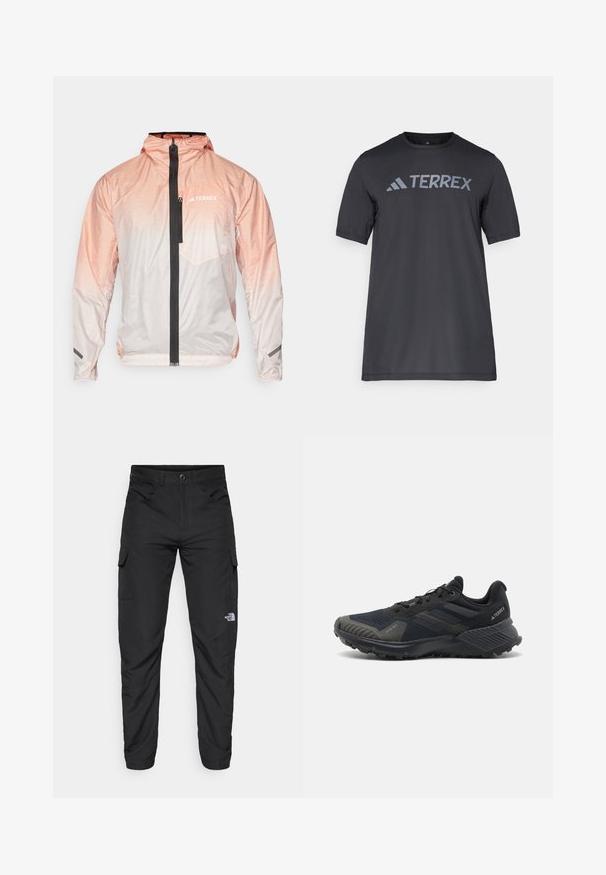 Lightweight pink gradient jacket with a black front zipper, adjustable hood, and a chest pocket. Features textured material and logo accent.; Black short-sleeve t-shirt made of lightweight fabric, featuring a light gray “TERREX” logo across the chest and a crew neckline.; The North Face HORIZON PANT - Outdoor trousers - black; Black athletic shoes with a textured mesh upper, rubber sole, and notable grey accents on the toe and side panels. Reinforced heel design.