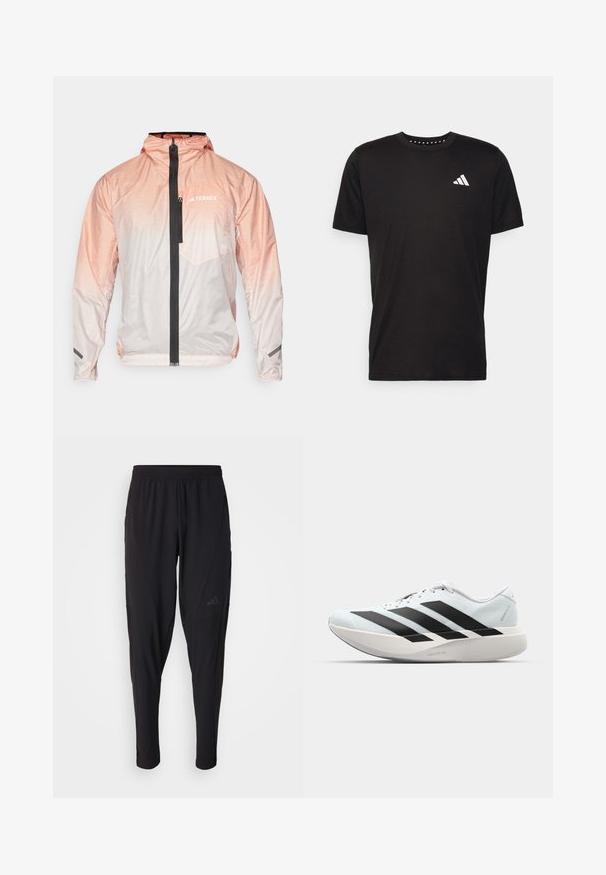 Lekka kurtka w różowym gradiencie z czarnym zamkiem z przodu, regulowanym kapturem i kieszenią na piersi. Posiada teksturowany materiał oraz akcent logo.; Czarna bawełniana koszulka z krótkim rękawem, okrągłym dekoltem i białym logo na lewej piersi. Gładka tekstura i prosty design.; Czarne spodnie sportowe z elastycznym pasem, zwężanym krojem, bocznymi kieszeniami i subtelnym logo. Wykonane z elastycznego, przewiewnego materiału.; Lekkie buty do biegania w jasnoniebieskim kolorze z czarnymi pasami. Posiadają gładką cholewkę, okrągły nosek oraz grubą białą podeszwę środkową oznaczoną "LIGHTSTRIKE PRO."
