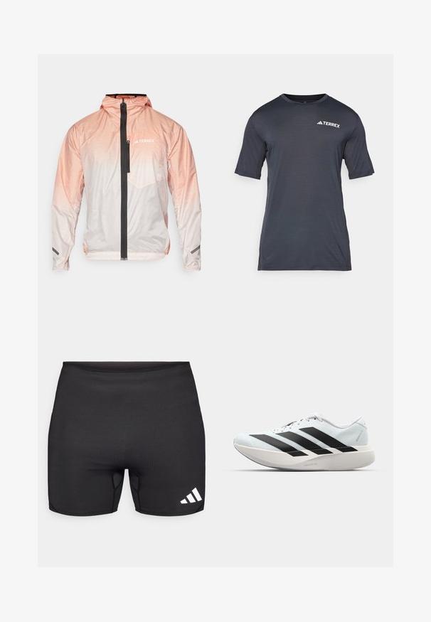 Lagani pink gradijent jakna s crnim prednjim zatvaračem, podesivom kapom i džepom na prsima. Sadrži teksturirani materijal i naglasak s logotipom.; Tamno sivi kratki rukav majica izrađena od laganog, prozračnog materijala. Ima okrugli izrez i bijeli logo "TERREX" na prednjoj strani.; Crne sportske kratke hlače od rastezljivog materijala, s pristajućim krojem, ravnim šavovima i bijelim logotipom s tri pruge na donjoj desnoj strani.; Lagane tenisice za trčanje u svijetloplavoj boji s crnim trakama. Imaju glatku gornju površinu, okrugli vrh i debeli bijeli srednji sloj označen "LIGHTSTRIKE PRO."