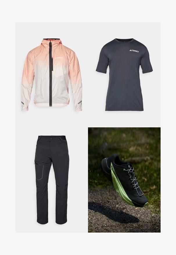 Lichtgewicht roze gradient jack met een zwarte voorrits, verstelbare capuchon en een borstzak. Kenmerkt zich door textuurmateriaal en een logo-accent.; Donkergrijze t-shirt met korte mouwen, gemaakt van lichtgewicht, ademend materiaal. Voorzien van een ronde hals en een wit "TERREX" logo aan de voorkant.; Zwarte outdoorbroeken met een ritszak op de dij, een elastische tailleband en glad, waterafstotend materiaal. Schoon ontwerp zonder zichtbare logo's.; Zwarte hardloopschoen met een gestructureerd oppervlak en groene accenten. Heeft een lichtgewicht ontwerp en een unieke, gemarmerde zool voor grip.