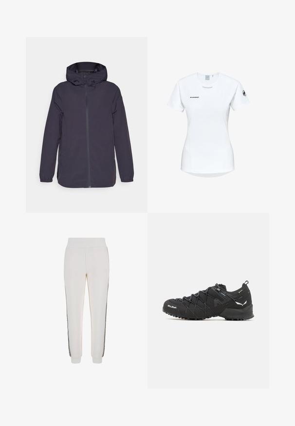 Dunkellila Outdoor-Jacke mit Kapuze, Reißverschluss, elastischen Bündchen und Seitentaschen. Glattes, wasserabweisendes Material mit minimalistischem Design.; Kurzärmliges weißes Sportshirt mit Rundhalsausschnitt, das ein Logo auf der Brust und eine glatte, leichte Stofftextur aufweist.; Weiße Jogginghose aus weichem Material, mit einem gerippten Bund und schwarzen Seitenstreifen, die auf der Vorderseite mit einem Logo-Detail versehen ist.; Schwarze Wanderschuhe mit einem strukturierten Obermaterial aus Stoff, Schnürsystem und robuster Gummisohle. Akzentuiert mit reflektierenden Details und Logos.