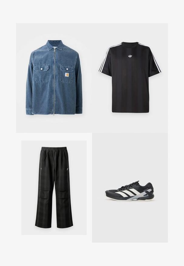 Carhartt WIP REYNOLD - Poletna jakna - dusky blue; Crna majica s kratkimi рукави in belimi трими črtami na ramah ter majhnim belim logotipom na prsih. Gladka tekstura tkanine.; Črne karirane hlače z elastičnim pasom, dvema sprednjima žepoma in ohlapnim krojem s pravimi nogavicami. Narejene so iz lahke tkanine.; Črne atletske čevlje z belimi črtami, mrežastim zgornjim delom, zaobljenim nosom in blaženim podplatom. Imajo teksturiran petni del in varen sistem vezalk.