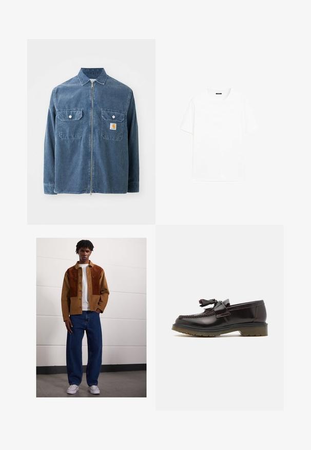 Carhartt WIP REYNOLD niebieski; Biały bawełniany t-shirt z krótkimi rękawami, okrągłym dekoltem i prostym krojem. Gładka faktura bez widocznych wzorów czy akcentów.; Mężczyzna stojący w pomieszczeniu, ubrany w brązową kurtkę z sztruksu z rdzawej kolorze, białą koszulkę, luźne niebieskie dżinsy oraz białe trampki.; Brązowe skórzane loafersy o plecionym wzorze, z chwostem i płaską gumową podeszwą. Charakteryzują się gładkim wykończeniem i kontrastowym ściegem.