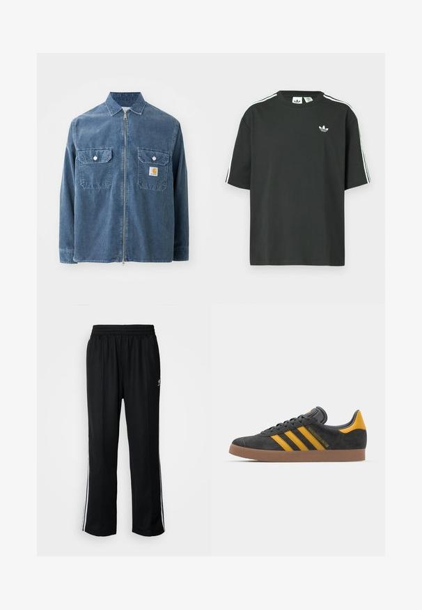 Carhartt WIP REYNOLD - Let jakke / Sommerjakker - dusky blue; Sort bomulds-T-shirt med korte ærmer, rund hals og hvide tre-stribede detaljer på skuldrene. Har et lille hvidt logo på brystet.; Sorte træningsbukser med elastisk talje, der har hvide sidestænger og et lille logo. Materialet ser blødt og let ud.; Sort suedet sneaker med gule accenter, der har tre striber og en brun gummisål. Inkluderer en polstret tunge for komfort.