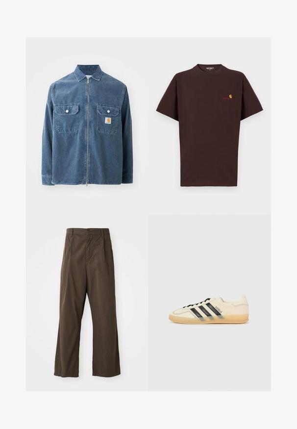 Carhartt WIP REYNOLD - Ljetna jakna - dusky blue; Smeđi pamučni majica s kratkim rukavima, okruglim izrezom, logotipom na lijevoj strani prsnog koša u narančastoj i crvenoj boji, ravni rub i ležeran kroj.; Smeđe hlače širokih nogavica od pamuka s prednjim zatvaranjem na gumb, petljama za pojas i glatkom, mat teksturom.; Svijetlosmeđi tenisice s crnim dizajnom tri pruga, teksturirana gornja strana, okrugli vrh i đon od gume. Ima vezice i brendiranje sa strane.