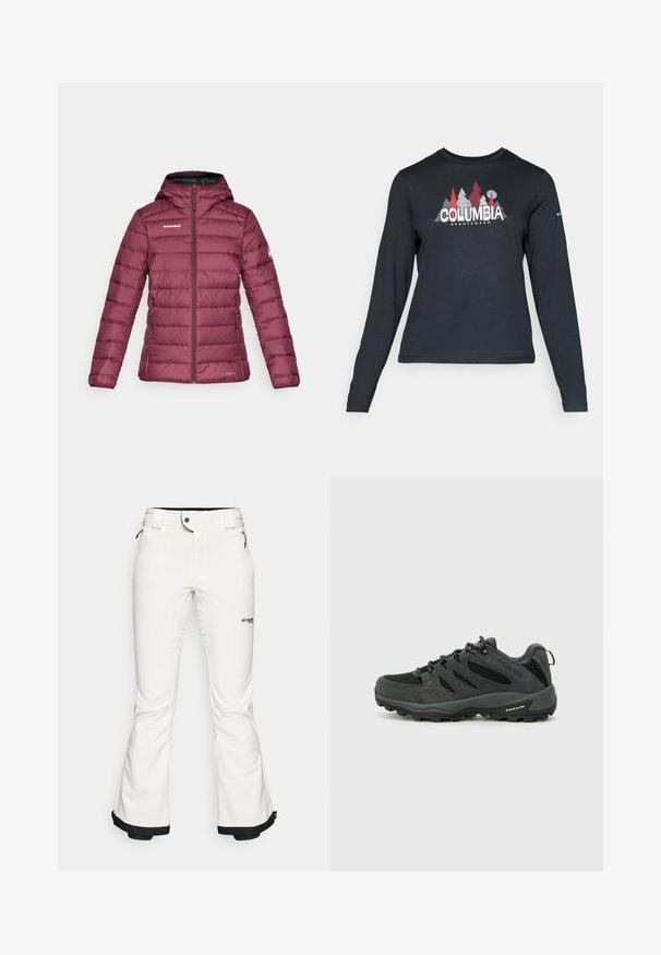 Bordeaux színű, kapucnis, szigetelt dzseki, vízszintes varrással, cipzáras elülső résszel, és logóval a bal mellen és az ujjon.; Hosszú ujjú, sötétszürke ing piros fákkal és hegyekkel díszítve; a "COLUMBIA" logó vastag fehér betűkkel. Puha anyag, klasszikus kerek nyakkivágás.; Fehér sínadrág, puha, rugalmas anyagból készült. Jellemzője az illeszkedő derék, széles, trapéz szabású lábszárak és fekete díszítés a mandzsettán. A márka logója látható.; Columbia REDMOND - Túracipők - black/citron haze
