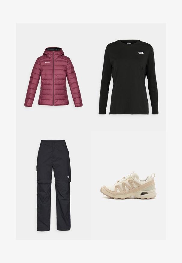 Μπορντό μπουφάν με μόνωση και κουκούλα, με οριζόντια ραφή, φερμουάρ μπροστά και λογότυπο στο αριστερό στήθος και το μανίκι.; Μαύρο μακρυμάνικο μπλουζάκι από βαμβάκι με στρογγυλή λαιμόκοψη. Διαθέτει ένα μικρό λευκό λογότυπο στην αριστερή πλευρά του στήθους. Απλός σχεδιασμός και εφαρμογή.; Μαύρα νάιλον παντελόνια cargo με φερμουάρ που αφαιρούνται, ρυθμιζόμενους καρπούς, πολλαπλές τσέπες και λογότυπο στο δεξί πόδι. Απαλή, ελαφριά υφή.; Μπεζ και κρεμ αθλητικό παπούτσι με υφασμάτινη άνω επιφάνεια με υφή, υποστηρικτικά overlay και καουτσούκ σόλα με σχέδιο πέλματος για πρόσφυση.