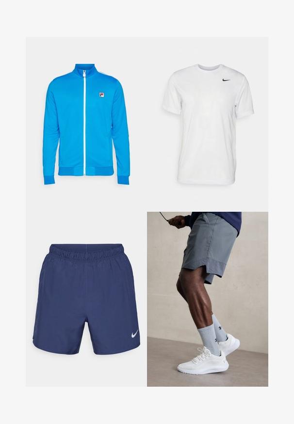Fila JACKET MANUEL - Sportinė striukė - simply blue/white; Balta trumpa rankovėmis marškinėliai, pagaminti iš lygaus audinio. Turi apvalų kaklą ir mažą juodą Nike logotipą kairėje krūtinės pusėje.; Tamsiai mėlynos sportinės šortai, pagaminti iš lengvos medžiagos. Juosma su elastiniu diržu ir maža balta Nike logotipu kairėje apatinėje pusėje.; Balti sportiniai bateliai su tekstūruotu tinkleliu viršuje, derinami su šviesiai mėlynomis ribotomis kojinėmis su logotipu. Pilki sportiniai šortai su perforuota apdaila.