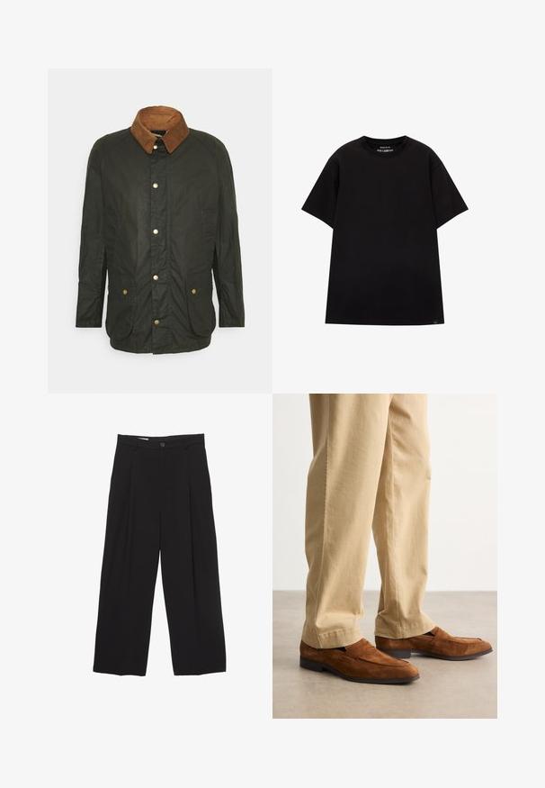 Barbour LIGHTWEIGHT ASHBY WAX - Short coat - archive olive; PULL&BEAR JOIN LIFE - Basic T-shirt - black; Black wide-leg trousers made from smooth fabric, featuring a flat waistband, front pleats, and a single button closure.; Brown suede loafers with a textured finish and a distinct band across the upper, paired with light beige trousers.