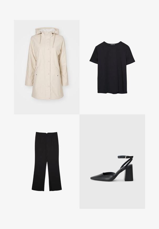 Beige regnfrakke med hætte, trykknapper og sidelommer. Lavet af glat, vandtæt materiale. Har en blød foring.; Simpel sort kortærmet bomulds T-shirt med rund hals, præsenteret på en hvid baggrund.; Sorte bukser med lige pasform, der har frontlommer og slidser i kanten. Lavet af blødt, glat stof. Velegnet til forskellige anledninger.; Sort læder spidse pumps med ankelrem og en chunky hæl. Flad tekstur, slankt design og minimalistisk æstetik.