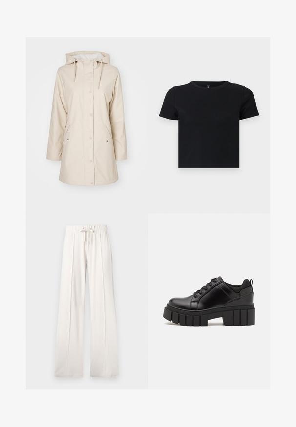 Beige regnfrakke med hætte, trykknapper og sidelommer. Lavet af glat, vandtæt materiale. Har en blød foring.; Sort t-shirt med korte ærmer lavet af blødt bomuld. Har en rund halskrave og en tætsiddende pasform. Glat tekstur uden mønstre eller detaljer.; Lys beige sweatkorts lavet af blødt stof, med snoretræk i taljen, brede ben og lodrette sømme, samt en glat tekstur.; Sorte læder platform sko med en klodset blokhæl, rund tå og traditionelt snøredesign. Har en glat tekstur og minimal detaljering.