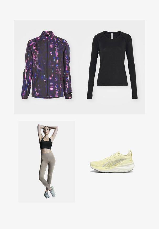 Giacca leggera nera con un motivo astratto multicolore in viola e rosa, dotata di un colletto alto e chiusura con zip.; Camicia a maniche lunghe nera, realizzata in tessuto morbido. Presenta un collo rotondo e maniche raglan con aperture per il pollice nei polsini. Design minimalista.; Reggiseno sportivo nero e leggings beige a vita alta, con cuciture laterali e dettagli. Il modello indossa scarpe da ginnastica grigio chiaro con suola imbottita.; Scarpa da ginnastica gialla chiara con parte superiore testurizzata, accenti grigi e suola ammortizzata. Presenta un design con lacci e una linguetta sul tallone.