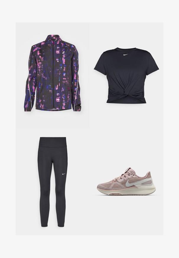 Sort letvægtsjakke med et flerfarvet abstrakt mønster i lilla og pink, med høj krave og lynlås foran.; Sort atletisk t-shirt lavet af glat stof, med et knyttet frontdesign og et lille hvidt Nike-logo på brystet.; Sorte leggings lavet af strækbart stof, med en høj talje og et hvidt Nike-logo på venstre lår. Glat tekstur, tætsiddende design.; Nike løbesko med mesh-overdel i lys pink og grå, featuring en polstret sål og et rundt tådesign. Accentueret med swoosh-logo.