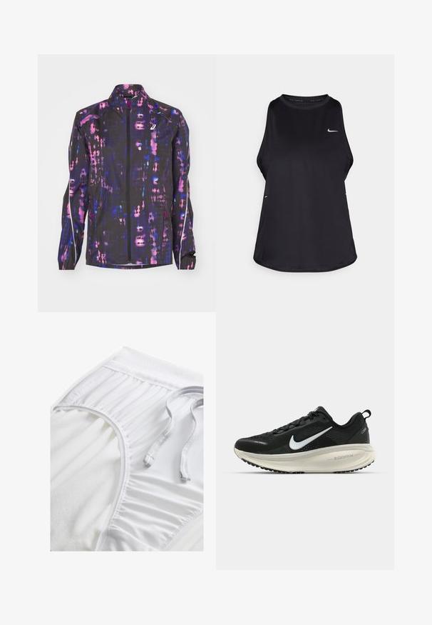 Zwarte lichtgewicht jas met een multicultureel abstract patroon in paars en roze, voorzien van een hoge kraag en een ritssluiting aan de voorkant.; Zwarte mouwloze hardlooptanktop van lichtgewicht materiaal met een ronde hals; heeft een subtiel logo en zijslits voor ventilatie.; Witte sportshorts met een gestructureerde tailleband, geplooide zijkanten en een platte trekkoord. Zachte stof met een gladde afwerking.; Zwarte Nike hardloopschoen met ademend mesh bovenwerk, witte swoosh-logo, gestructureerde details en een crèmekleurige ZoomX middenzool.