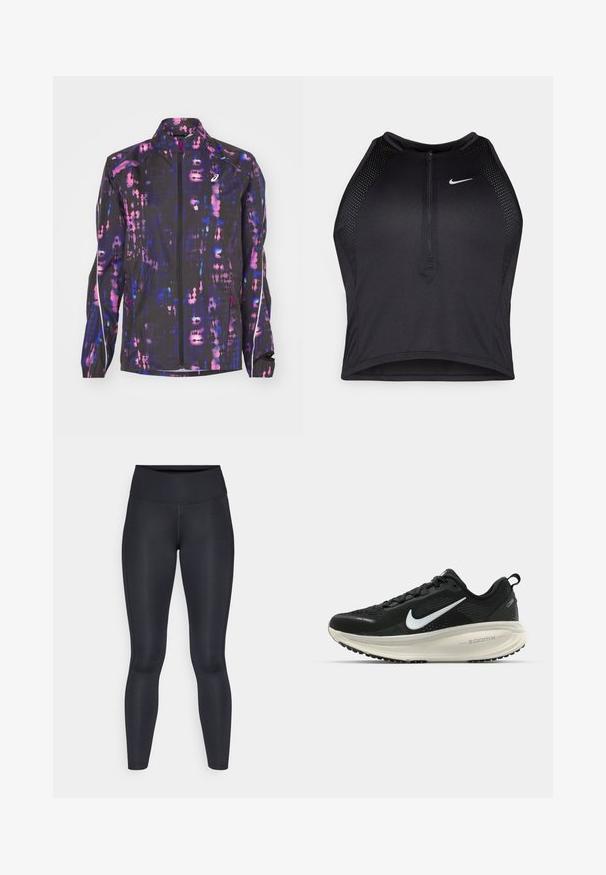 Black lightweight jacket featuring a multicolored abstract pattern in purple and pink, with a high collar and zippered front.; Black athletic crop top with a zip-front, mesh accents, and a fitted design. Made from stretchy, breathable fabric. Nike logo on front.; Black leggings made of smooth, stretchy fabric. High waist with no visible patterns or accents. Fit closely from waist to ankles.; Black Nike running shoe with breathable mesh upper, white swoosh logo, textured detailing, and a cream-colored ZoomX midsole.
