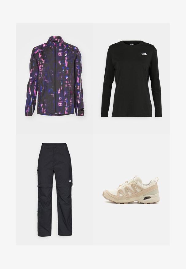 Black lightweight jacket featuring a multicolored abstract pattern in purple and pink, with a high collar and zippered front.; Black long-sleeve t-shirt made of cotton with a round neck. Features a small white logo on the left chest area. Simple design and fit.; Black nylon zip-off cargo trousers with adjustable cuffs, multiple pockets, and a logo on the right leg. Smooth, lightweight texture.; Beige and cream athletic shoe with textured mesh upper, supportive overlays, and rubber outsole featuring a tread pattern for traction.