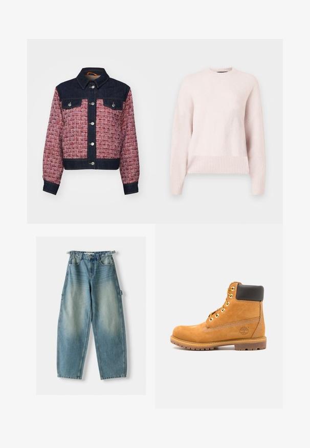 Denim ja takki, jossa on tummansininen yoke, kontrastivärinen vaaleanpunainen ja punainen kudottu vartalo, napsautusnapit ja kaksi rintataskua.; Vaaleanpunainen neulepaita, jossa on pyöreä pääntie ja ribbaus hihansuissa. Kangas näyttää pehmeältä ja mukavalta, sopii arkikäyttöön.; Korkeavyötäröiset, vaaleansiniset farkut, joissa on löysä istuvuus. Ominaisuuksiin kuuluvat napp Closure, vyölenkit ja sivutaskut.; Ruskeat nahkaiset nilkkurit mustalla pehmusteella, kultaisilla läpyillä ja teksturoidulla pohjalla. Sivulla on pyöreä logo ja ompeluakkentteja.