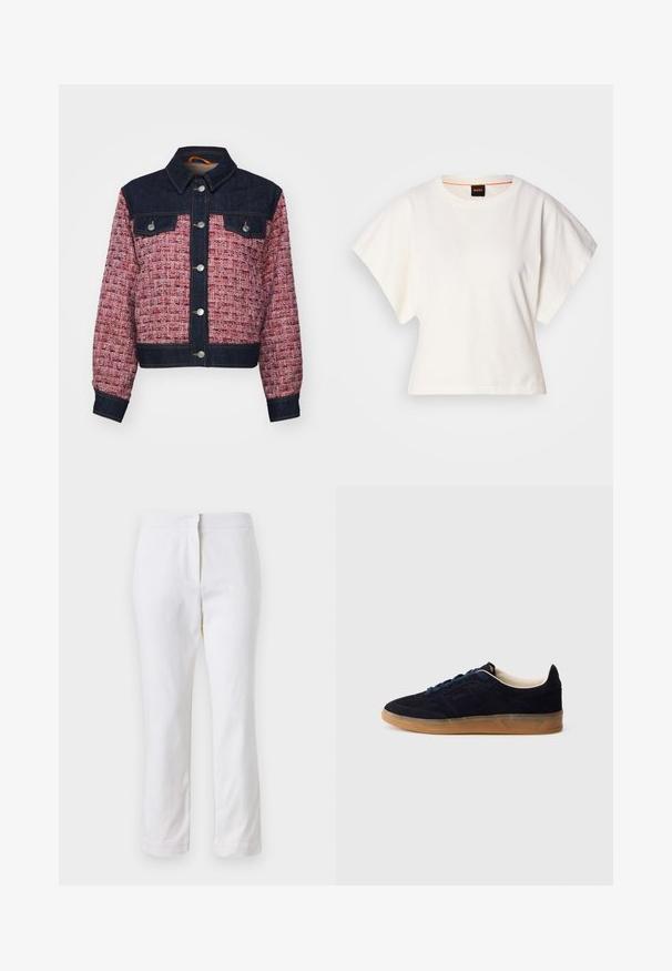 Jachetă din denim și țesătură texturată, cu o zonă superioară de culoare albastru închis, corp în culori contrastante roz și roșu, butoane tip snap și două buzunare laterale.; Tricou alb scurt, cu mâneci scurte și largi, din bumbac moale, cu decolteu rotund și un finisaj subtil portocaliu, design minimalist, fără modele sau grafice.; Pantaloni din bumbac alb, cu un design drept, având talie medie și fără hardware sau modele vizibile. Textură uniformă pe întreaga suprafață.; Pantof sport din piele întoarsă bleumarin cu talpă din cauciuc gumă, șireturi albastre și design minimalist. Prezintă un logo în relief pe lateral și o căptușeală interioară netedă.