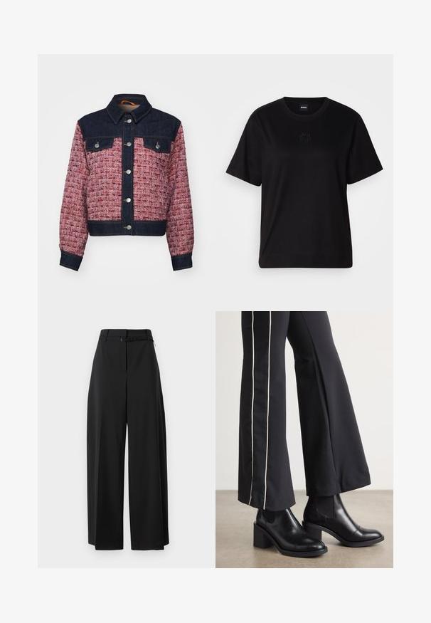 Denimo ir tekstūruota medžiagos striukė su tamsiai mėlyna juostele, kontrastinga rožinė ir raudona audimo kūno dalimi, snap tipo mygtukais ir dviem krūtinės kišenėmis.; Juodas medvilninis marškinėliai su apvalia iškirpte, trumpomis rankovėmis ir siuvinėjimu ant krūtinės. Paprastas, laisvas siluetas be raštų.; Juodos plačios kelnes su aukštu juosmeniu ir diržu. Pasižymi lygiu paviršiumi ir švariomis linijomis, sukurtos patogiam prigludimui.; Juodi odiniai auliniai batai su plataus bloko kulnu, turintys elastines šonines dalis. Sukomplektuoti su juodomis kelnėmis, turinčiomis baltą šoninės juostą.