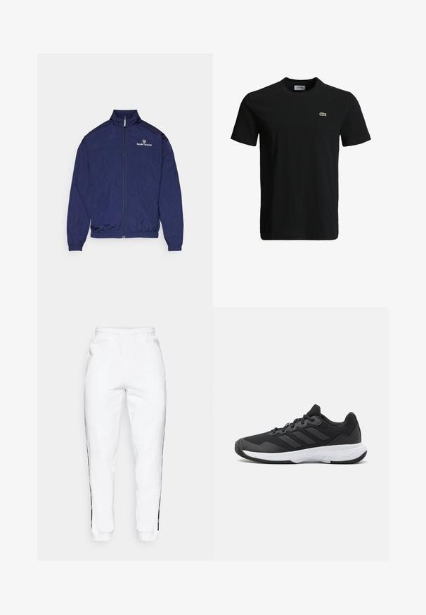 Lakavi plavi lagani kaput od glatke tkanine, sa visokim ovratnikom, zatvaračem sprijeda, elastičnim rukavima i logotipom Sergio Tacchini.; Crna pamučna majica s okruglim izrezom, kratkim rukavima i malim zelenim logoom krokodila s lijeve strane na prsima. Glatka tekstura, ležeran dizajn.; Bijele trenirke s elastičnim pojasom, s crnim bočnim trakama i manžetama. Izrađene od mekog materijala s glatkom teksturom.; Crna atletska cipela s teksturiranim gornjim dijelom, tri horizontalne pruge i bijelom potplatu s uzorkom. Lagani i aerodinamični dizajn.