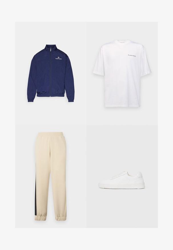 Námořnická modrá lehká bunda vyrobená z hladké tkaniny, s vysokým límcem, zapínáním na zip, elastickými manžetami a logem Sergio Tacchini.; Bílé tričko s krátkým rukávem z bavlny s výstřihem do V, na levé straně se nachází černé logo "FILLING PIECES".; Krémové tepláky s černými bočními pruhy, elastickým pasem a žebrovanými manžetami. Měkká tkanina s volným střihem.; Bílé tenisky s hladkým koženým svrškem, zaoblenou špičkou, šněrováním, texturovanými bočními akcenty a silnou gumovou podrážkou. Minimalistický design.