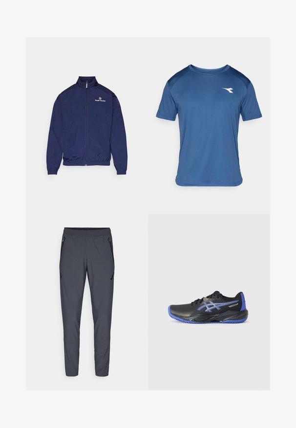 Tengerészkék, könnyű dzseki sima anyagból, magas gallérral, cipzáros elülső résszel, rugalmas mandzsettákkal és Sergio Tacchini logóval.; Férfi kék, rövidujjú sportpóló, raglán ujjakra szabva, bal mellen egy kis fehér logóval.; Szürke sportnadrág, rugalmas derékkal, cipzáras oldalzsebekkel és logó részlettel a bal combon. Könnyű anyagból készült.; Fekete sportcipő kék kiemelésekkel, lyukacsos felsőrésszel, textúrált talppal és logó részlettel. Kerek orr és párnázott sark.