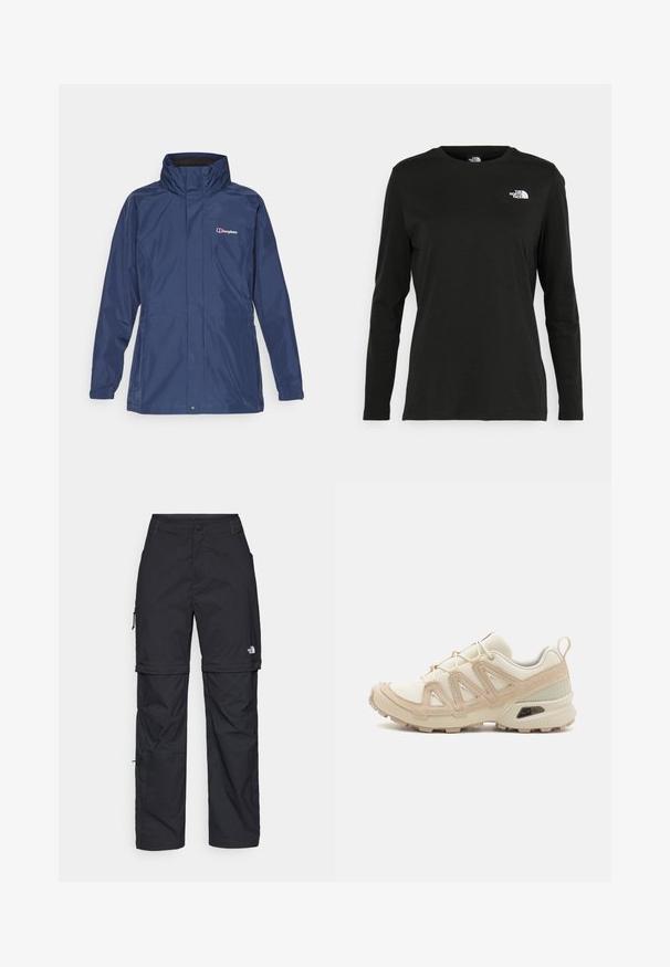Marine vandtæt jakke med høj krave, lynlås foran og to sidelommer. Har diskret syninger og et logo på venstre bryst.; Sort langærmet t-shirt lavet af bomuld med rund hals. Har et lille hvidt logo på venstre brystområde. Enkel design og pasform.; Sorte nylon cargo bukser med lynlås, justerbare manchetter, flere lommer og et logo på højre ben. Glat, let tekstur.; Beige og creme atletiksko med struktureret mesh-overdel, støttende overlays og gummiyderside med et mønster for trækkraft.