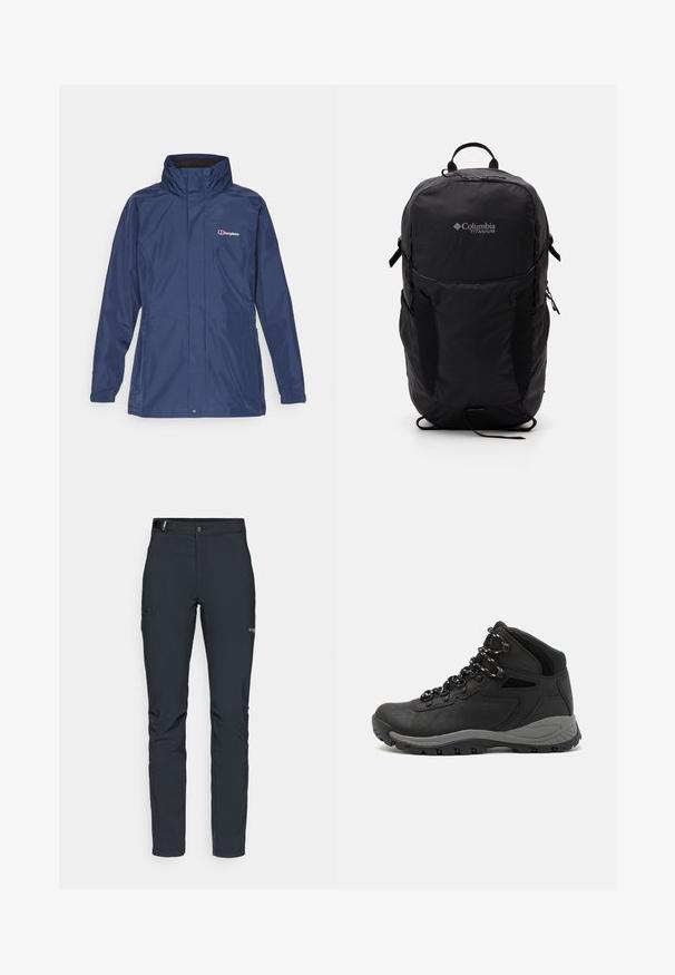 Navy waterproof jacket with a high collar, zip front, and two side pockets. Features subtle stitching and a logo on the left chest.; Black Columbia t-shirt with white circular mountain and river line art and text "Columbia Sportswear Company Outside Since 1938."; Men's outdoor pants, dark gray, made from flexible material, featuring a belt, zippered pockets, and reinforced stitching.; Black hiking boot with a mid-top design, featuring a textured upper, gray accents, and durable rubber sole with traction lugs.; Black Columbia Titanium backpack with a smooth fabric texture, side pockets, top handle, and adjustable straps. Minimalist design with subtle branding.