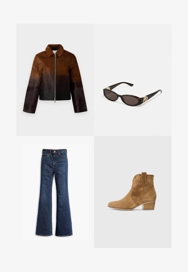 Veste en cuir marron avec un dégradé du clair au foncé, fermeture éclair, col pointu, et design court avec des manches larges.; Chemise blanche à boutons, en coton lisse, avec un col classique, présentant un ourlet droit et des boutons beiges le long du devant.; Jeans en denim bleu foncé taille haute avec jambes évasées, fermeture à boutons et zip à l'avant, et conception à cinq poches.; Bottine en suede beige avec un bout pointu, une bordure texturée au col, et un talon carré. Équipée d'une languette pour un enfilage facile.; Lunettes de soleil en écaille, avec des verres ovales allongés, teinte marron, accents de logo doré sur les branches et montures noires élégantes.; Sac fourre-tout en faux suède marron avec deux poignées robustes, une forme structurée et un design minimaliste, présentant des accents de couture subtils.