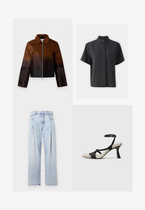 Hnedá kožená bunda s prechodom od svetlej po tmavú farbu, so zipsom, špicatým golierom a skráteným strihom s širokými rukávmi.; Krátky rukáv čierna zapínacia košeľa s klasickým golierom, vyrobená z hladkej tkaniny, s rovný strihom a minimalistickým dizajnom.; Svetlomodré džínsy s vysokým pásom, širším strihom po celej dĺžke, dvoma bočnými vreckami a skladaným dizajnom. Mäkka textúra s vyblednutým vzhľadom.; Čierne sandále na podpätku s pleteným pásikom, štvorcovou špičkou a nastaviteľným remienkom okolo členka. Svetlobéžová stielka s lesklým čiernym podpätkom.