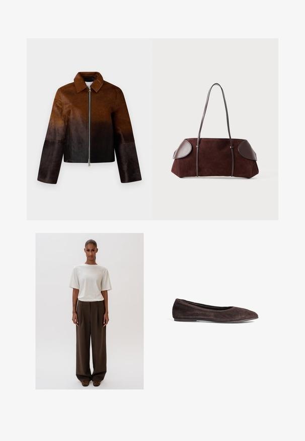 Bruine leren jas met een gradient van licht naar donker, ritssluiting, spitse kraag en een cropped ontwerp met brede mouwen.; Witte, korte mouwen top met een gestructureerd, geribbeld patroon en een ronde halslijn. Gemaakt van een zachte stof. Cropped lengte.; Romantisch witte relaxed-fit t-shirt met korte mouwen, gecombineerd met hooggepaste, wijde bruine broeken. Eenvoudig ontwerp, gladde texturen.; Bruine suède balletschoenen met een spitsneus en een laag profiel. Kenmerkt zich door een gladde textuur en een minimalistisch ontwerp. Geen zichtbare hardware of accenten.; Bruine suède tas met leren accenten, gestructureerde vorm, dubbele schouderbanden en ronde randen, met een gladde textuur en minimale hardware.