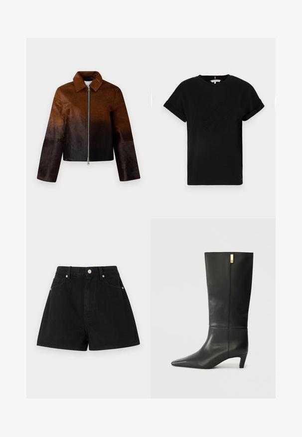 Ruskea nahkajakku, jossa on vaalea- ja tummanruskea gradientti, vetoketjukiinnitys, terävä kaulus sekä lyhyt malli leveillä hihoilla.; Mustapaita, jossa on lyhyet käärityt hihat, keskellä kohokuvioitu logo ja sivussa pieni lipputunnus.; Mustat farkkushortsit, joissa on korkea vyötärö, viisi taskua, hopeiset yksityiskohdat ja tavanomainen istuvuus. Shortsien pinta on sileä ja viimeistely on siisti.; Mustat nahkasaappaat polveen asti, joissa on terävä kärki ja pieni korko. Ominaisuuksina on tyylikäs muotoilu, jossa on kultainen yksityiskohta. Sileä pinta.