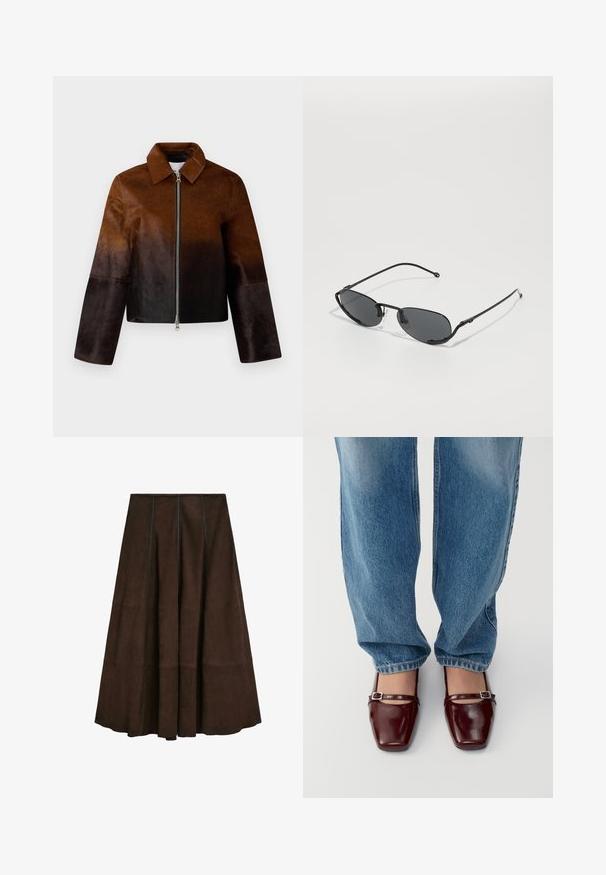 Bruine leren jas met een gradient van licht naar donker, ritssluiting, spitse kraag en een cropped ontwerp met brede mouwen.; Langsleeve, off-the-shoulder top in een lichte taupe kleur. Gemaakt van zachte stof met een gedrapeerde halslijn en aansluitende mouwen.; Bruine suède midi-rok met een uitlopende ontwerp en verticale naaddetails, met een gladde textuur en een brede zoom.; Bordeaux lakleren schoenen met een vierkante neus en enkelband, gecombineerd met lichtblauwe losse spijkerbroek. De schoenen hebben een glanzende afwerking.; Zwarte zonnebril met smalle ovale lenzen, dunne metalen monturen en verstelbare neuspads. Heeft een strakke, minimalistische uitstraling.