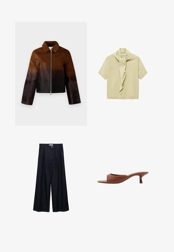 Braune Lederjacke mit einem Farbverlauf von hell nach dunkel, Reißverschluss, spitzen Kragen und kurzer Passform mit weiten Ärmeln.; Helles beige Strickoberteil mit kurzen Ärmeln und angehängtem Schaldetail, das um den Hals drapiert ist.; Dunkelblaue, weite High-Waist-Hosen aus Denim mit einem Knopfverschluss vorne, zwei Seitentaschen und Nähdetails.; Braune offene Absatzmules mit glatter, matter Oberfläche, die ein geschwungenes Design und einen transparenten, verjüngten Absatz aufweisen.