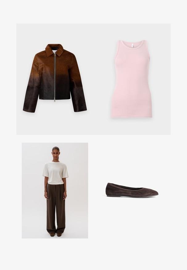 Bruine leren jas met een gradient van licht naar donker, ritssluiting, spitse kraag en een cropped ontwerp met brede mouwen.; Lichtroze tanktop gemaakt van zachte, rekbare stof. Heeft een ronde halslijn en smalle schouderbandjes, met een gladde textuur en een aansluitende pasvorm.; Romantisch witte relaxed-fit t-shirt met korte mouwen, gecombineerd met hooggepaste, wijde bruine broeken. Eenvoudig ontwerp, gladde texturen.; Bruine suède balletschoenen met een spitsneus en een laag profiel. Kenmerkt zich door een gladde textuur en een minimalistisch ontwerp. Geen zichtbare hardware of accenten.