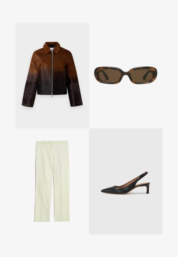 Braune Lederjacke mit einem Farbverlauf von hell nach dunkel, Reißverschluss, spitzen Kragen und kurzer Passform mit weiten Ärmeln.; Schlichtes weißes T-Shirt mit kurzen Ärmeln und Rundhalsausschnitt in schlanker Passform, flach vor einem weißen Hintergrund präsentiert.; Cremefarbene, maßgeschneiderte Hosen mit geradem Schnitt, flachem Front, Gürtelschlaufen und glatter Oberfläche.; Schwarze Leder-Slingback-Pumps mit spitzer Zehenform, niedrigem Absatz und glatter Textur. Verfügt über einen dünnen, verstellbaren Riemen für einen sicheren Sitz.; Sonnenbrille im Schildpatt-Look mit einem glatten, abgerundeten rechteckigen Rahmen und braunen Gläsern. Ausgestattet mit dünnen, gebogenen Bügeln mit glänzender Oberfläche.