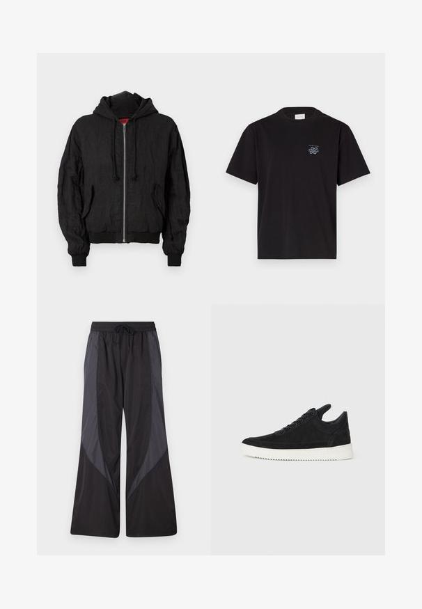 Black bomber jacket made of lightweight fabric, featuring a hood, front zipper, ribbed cuffs, and a relaxed fit. Two side pockets included.; Black cotton t-shirt with a crew neck and short sleeves. Features a small blue logo on the left chest. Simple, straight-cut design.; Han Kjøbenhavn PANELLED TRACK TROUSERS - Tracksuit bottoms - anthracite black; Black suede sneaker with a white rubber sole, featuring tonal stitching and lace-up design. Smooth texture with a modern, streamlined shape.