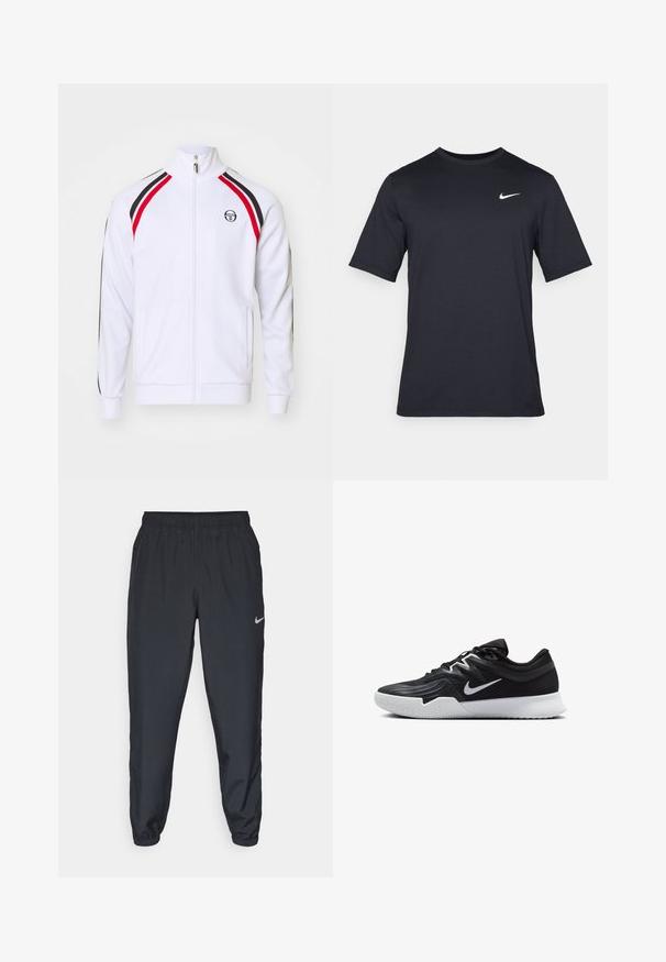Sergio Tacchini GHIBLI TRACKTOP - Spordijakk - white/maritime blue/adrenaline rush; Must tume musta Nike t-särk, mis on valmistatud siledast kangast, valge swoosh logo vasakul ülanurgas, ümar kaelus.; Kerged mustad spordipüksid, mis on valmistatud kerge kangaga, elastse vöökoha, pahkluude mansettide ja diskreetse Nike logo abil vasakul külgedel.; Must mustad jalanikesad rikaste ülaservaga, valge Nike swoosh'i ja valge kummist välispõhjaga. Omab paeltega sulgemisdetaili ja dünaamilist kuju.